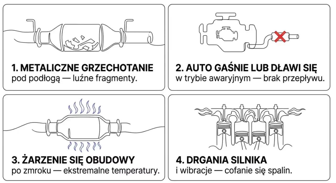 Objawy zapchanego katalizatora benzyna: metaliczne grzechotanie, gaśnięcie silnika, żarzenie obudowy, drgania.