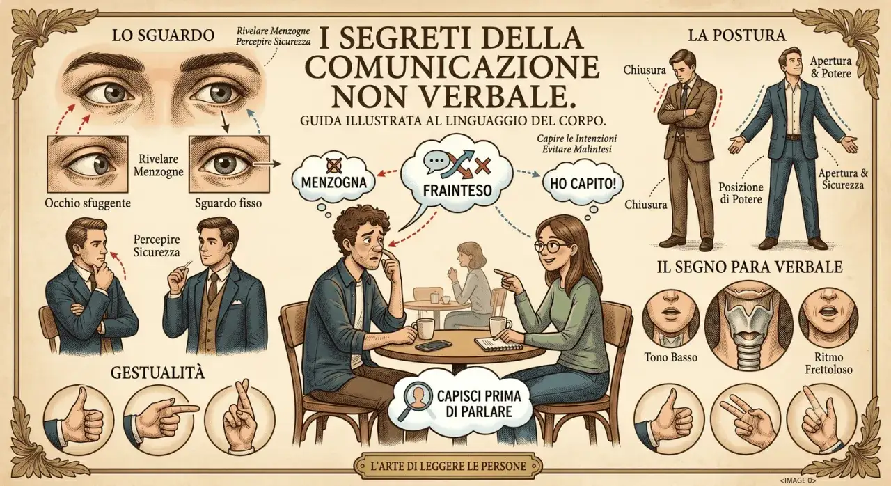 Illustrazione sui segreti della comunicazione non verbale: sguardi, postura, gestualità e paraverbale. Evita la persona aggressiva verbalmente comprendendo il linguaggio del corpo.