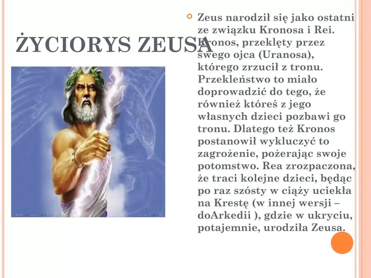 Zeus, król bogów, z piorunem w dłoni. Jego narodziny jako ostatniego z dzieci Kronosa i Rei, by uniknąć klątwy, to początek jego historii.