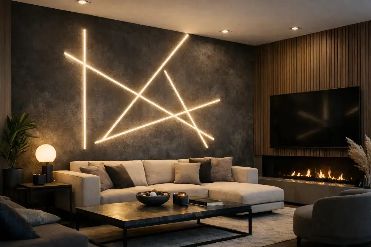 Nowoczesny salon z geometrycznymi lampkami LED na ścianie. Dowiedz się, jak przyczepić lampki do ściany, by uzyskać taki efekt.