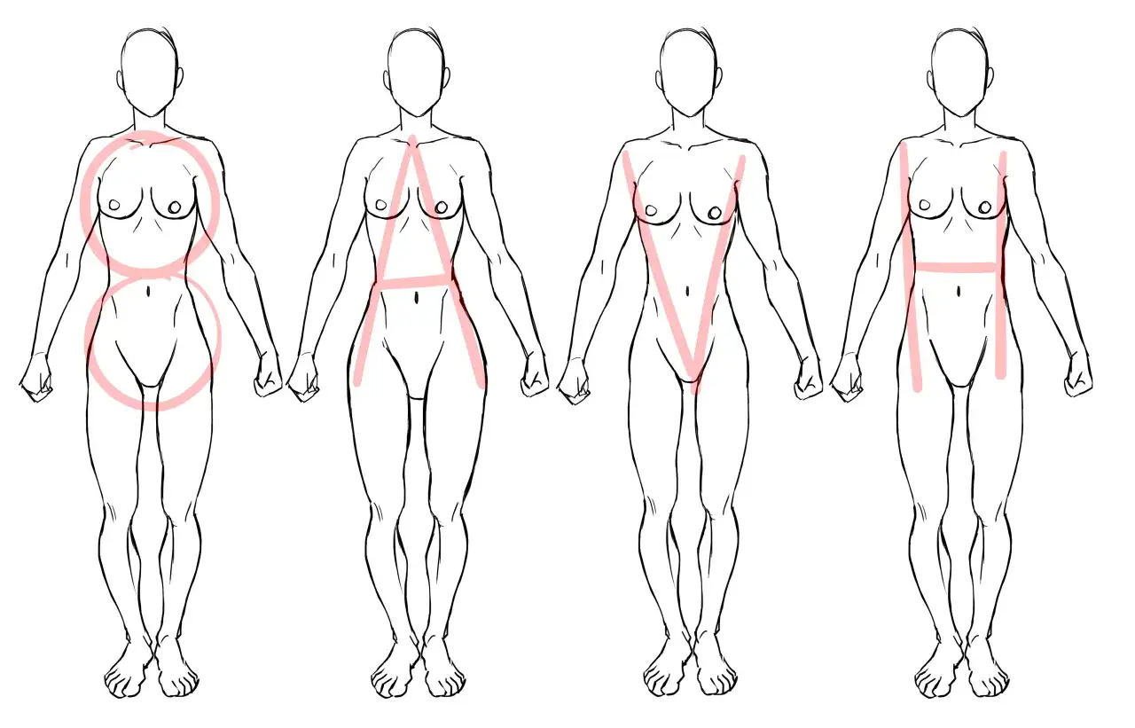 Quatre silhouettes féminines esquissées, chacune avec des formes géométriques roses sur le torse et les hanches, illustrant des bases de dessin pour fille.