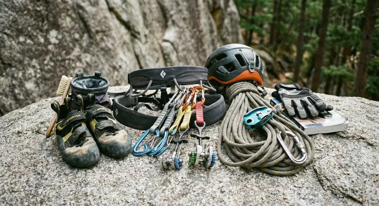 Todo el material para escalar en rocódromo: pies de gato, casco, arnés, cuerdas, mosquetones, y guantes, listos para la aventura.