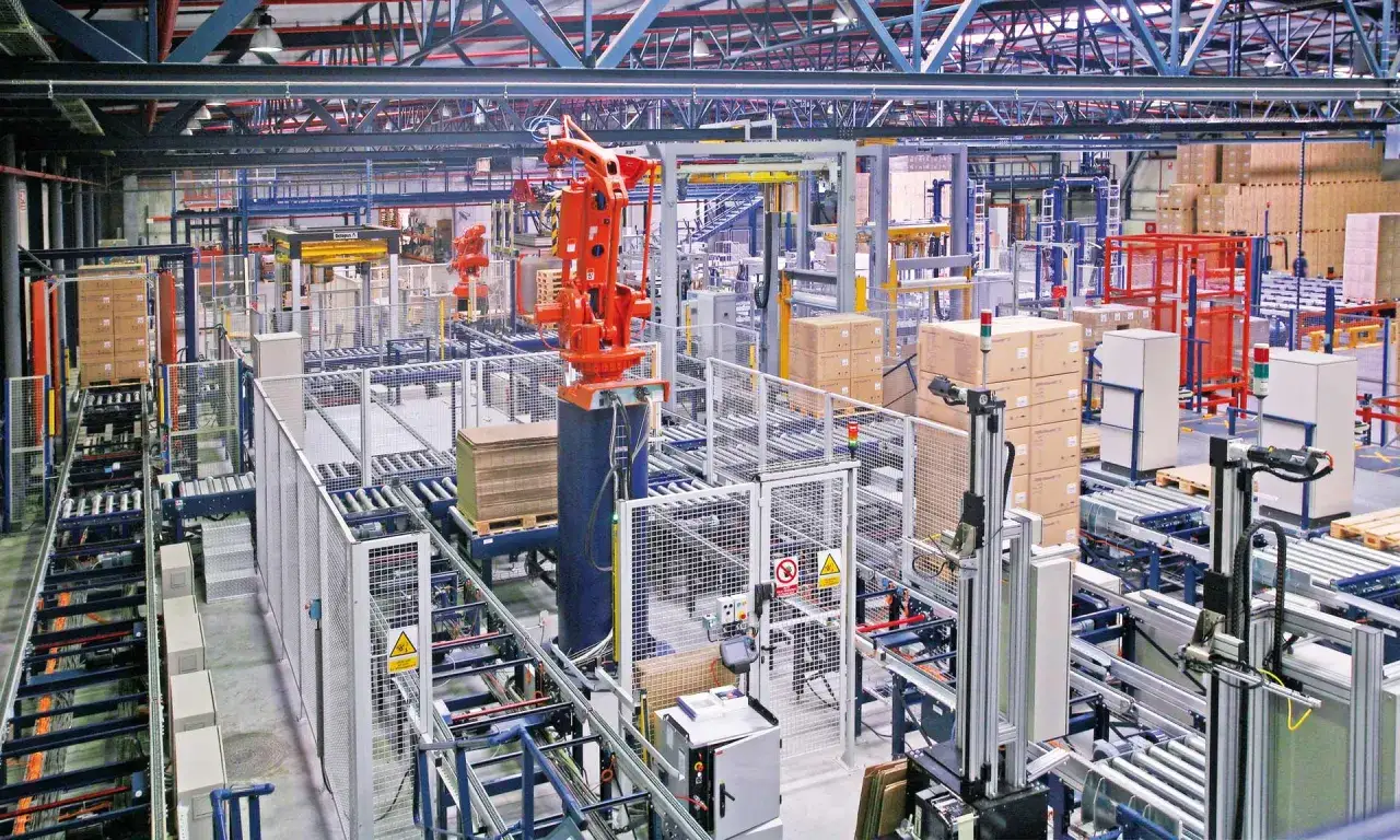 Automatyczne linie produkcyjne z robotami i przenośnikami. To zaawansowany system handling co to, który usprawnia procesy magazynowe.