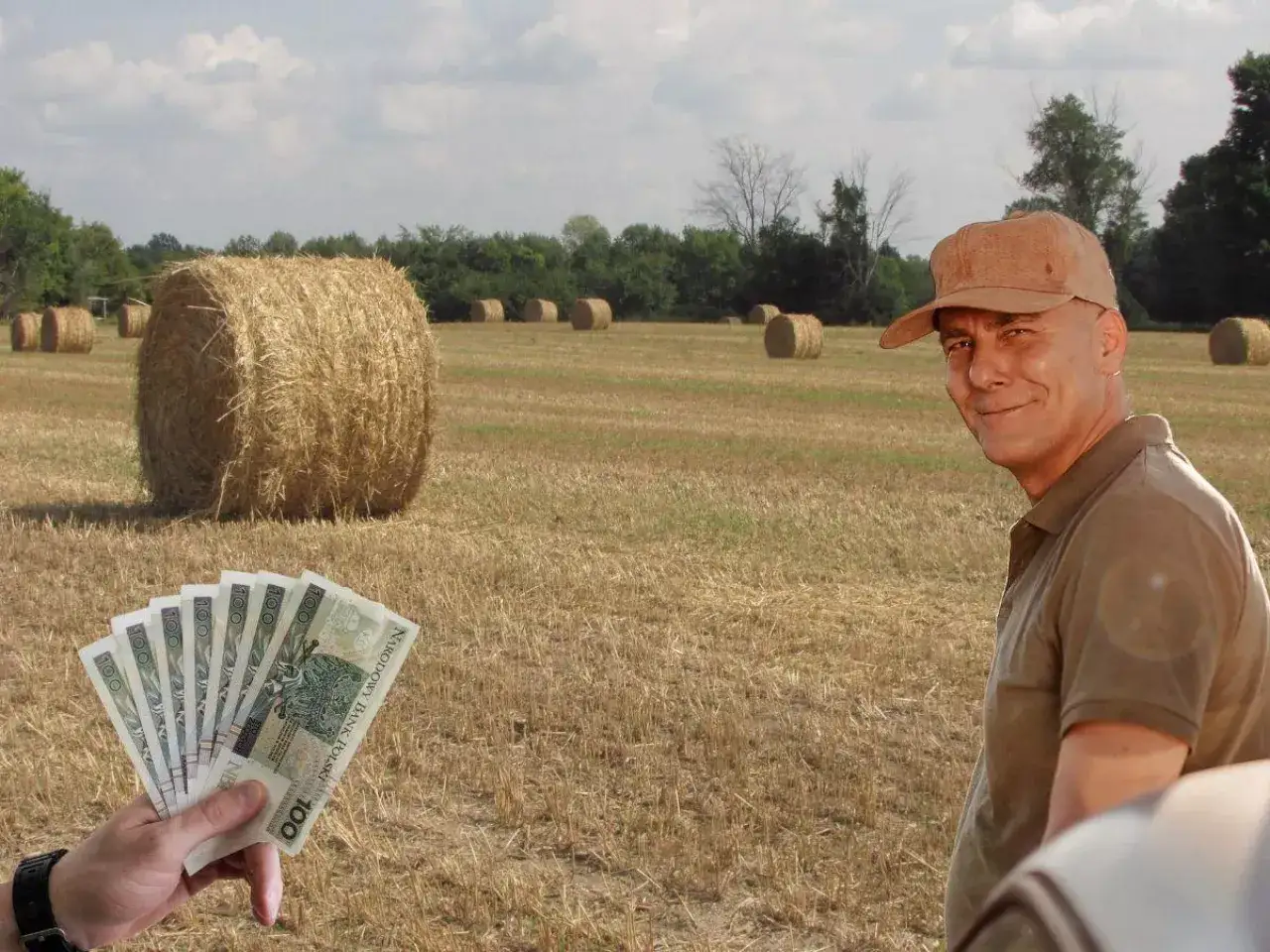 Rolnik z uśmiechem na twarzy, w tle pole ze słomianymi belami. W ręce trzymam pieniądze, zastanawiając się, ile kosztuje bela słomy.
