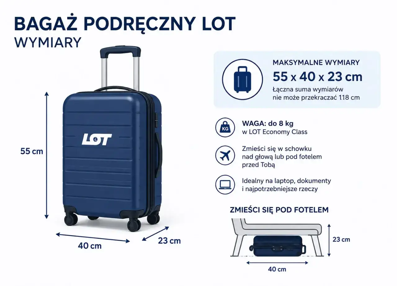 Granatowy bagaż podręczny LOT o wymiarach 55x40x23 cm, idealny na laptop i dokumenty. Zmieści się pod fotelem.