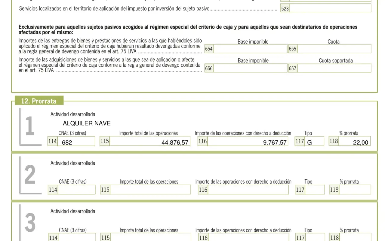 Detalle de cuota soportada y prorratas de IVA para alquiler de nave. Incluye importes de operaciones y porcentajes de deducción.