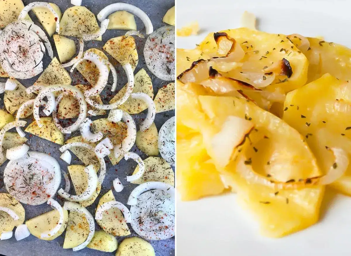 Patatas panaderas listas para hornear, cortadas y sazonadas, junto a un plato de patatas panaderas ya cocinadas, doradas y arom&aacute;ticas.