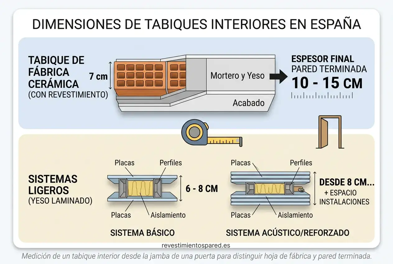 Ilustraci&oacute;n compara dimensiones de tabique de f&aacute;brica cer&aacute;mica (7 cm) y sistemas ligeros de yeso laminado (6-8 cm y desde 8 cm).
