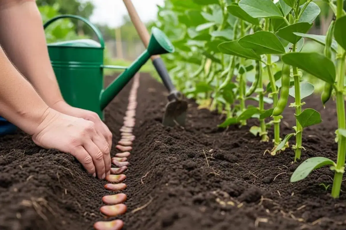 Mains semant des fèves en ligne dans la terre. Une arrosoir verte et une houe sont à proximité, prêts pour la plantation.