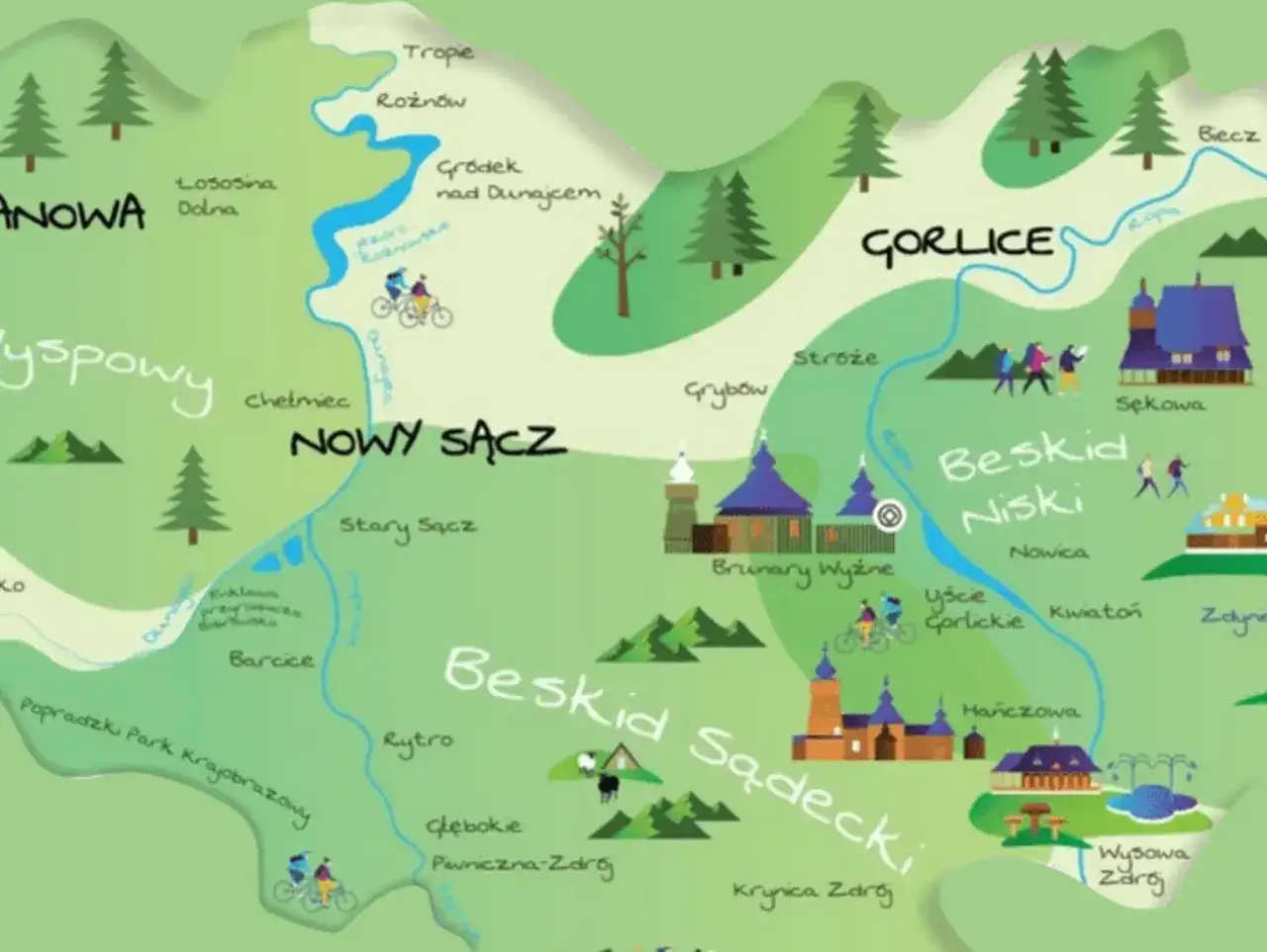 Mapa turystyczna z zaznaczonymi miastami, rzekami i szlakami. Widać Gorlice, Nowy Sącz, Beskid Niski i Sądecki, idealne na wycieczki rowerowe i piesze po górach.