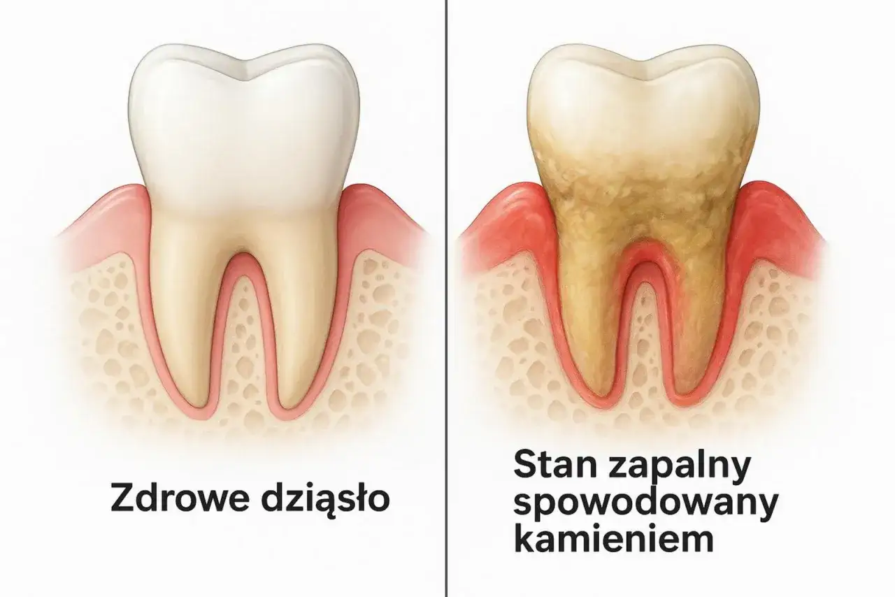 Zdrowa dziąsło vs. stan zapalny spowodowany kamieniem poddziąsłowym. Widoczny osad i zaczerwienienie przy zębie po prawej stronie.
