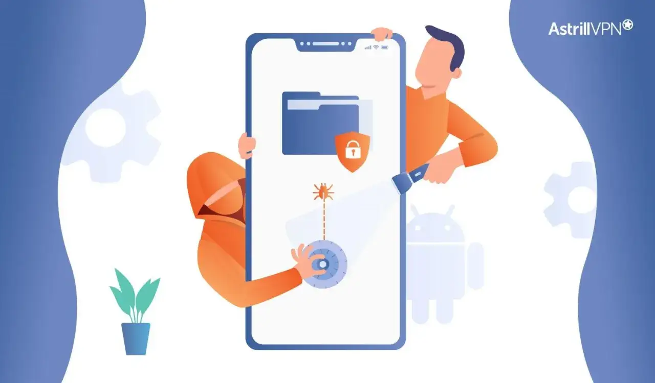 Ein Mann mit Taschenlampe leuchtet auf einen Android-Virus, der sich in einem Ordner auf einem Smartphone versteckt.