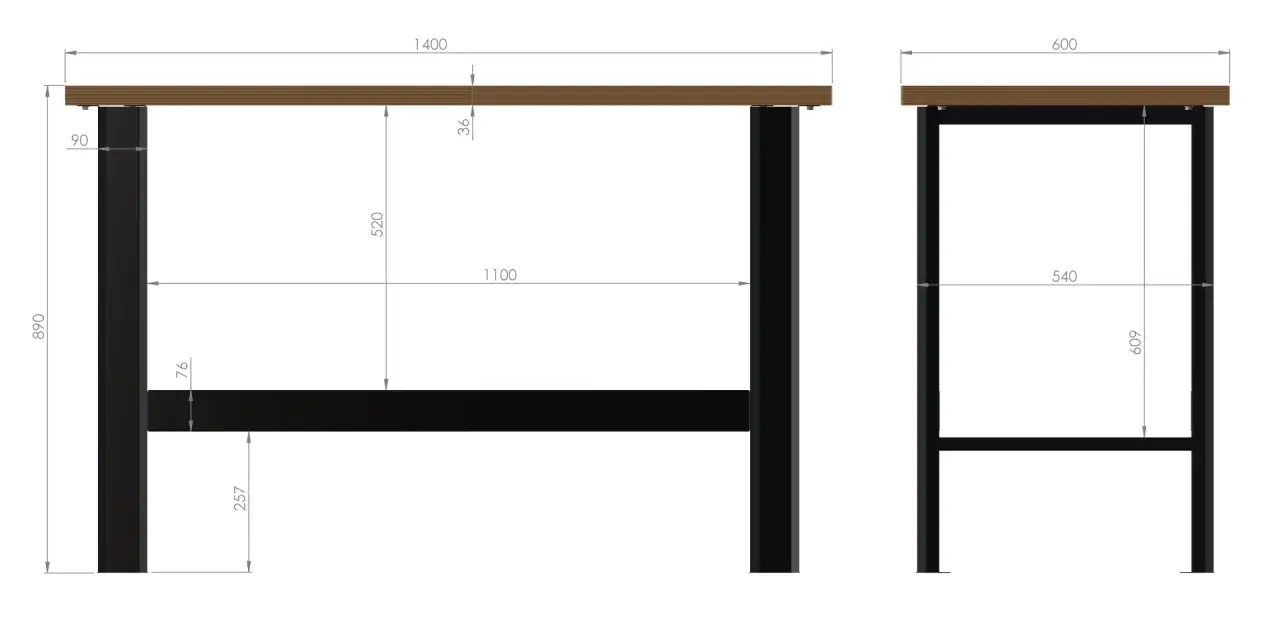 Dwa stoły warsztatowe z wymiarami. Jeden ma 1400x600 mm, drugi 600x600 mm. Wysokość stołu warsztatowego to 890 mm.