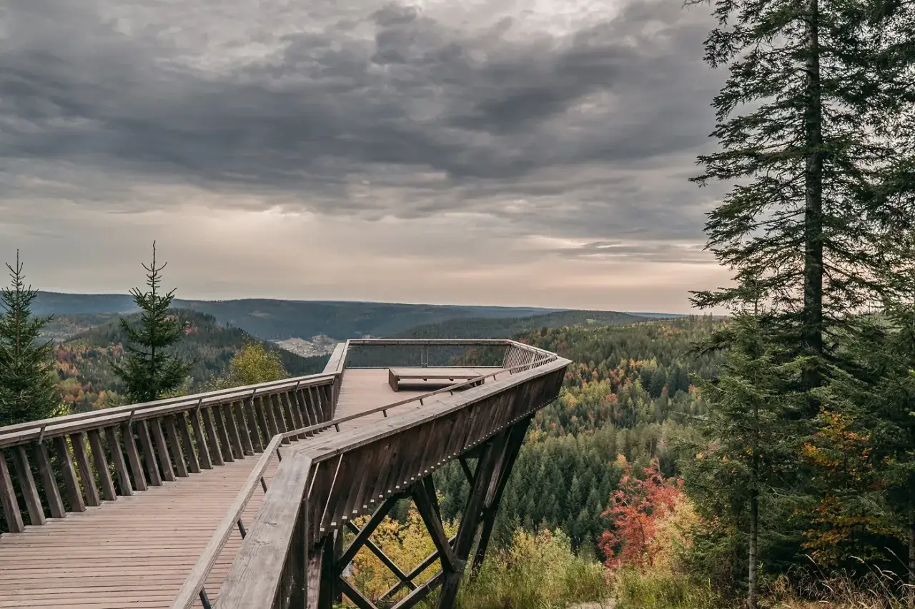 Holzsteg mit Aussichtsplattform über einem bunten Herbstwald. Ein echter geheimtipp baiersbronn für Naturliebhaber.