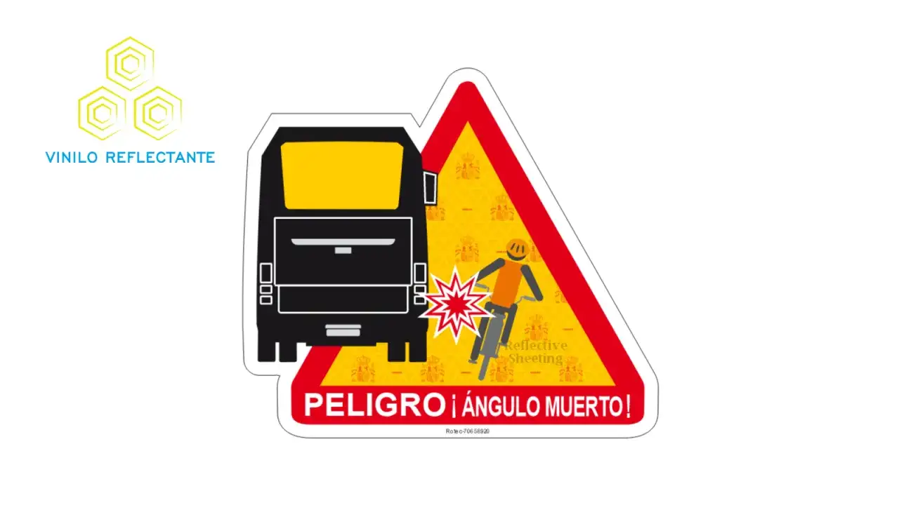 Señal de advertencia de peligro: camión y ciclista en el ángulo muerto. ¡Precaución!