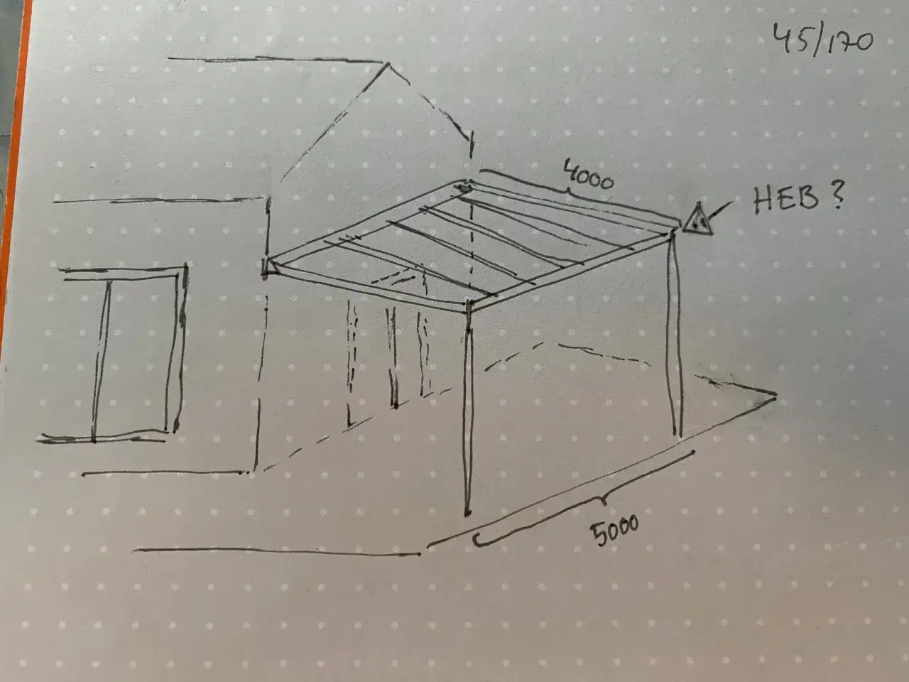 Skiss av ett tak med m&aring;tten 4000 och 5000. Fr&aring;getecken vid HEB, indikerar behov av dimensionering st&aring;lbalk.