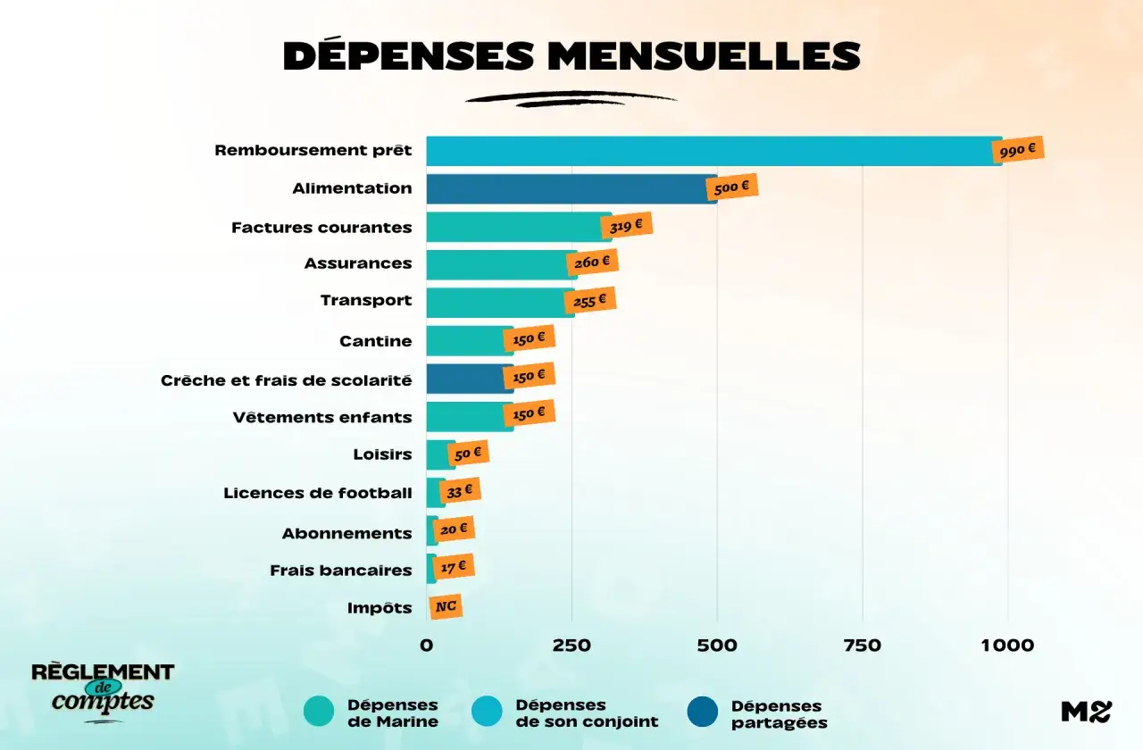 Graphique des dépenses mensuelles d'une famille de la classe moyenne : remboursement de prêt, alimentation, factures, assurances, transport, cantine, crèche, vêtements, loisirs, football, abonnements, frais bancaires et impôts.