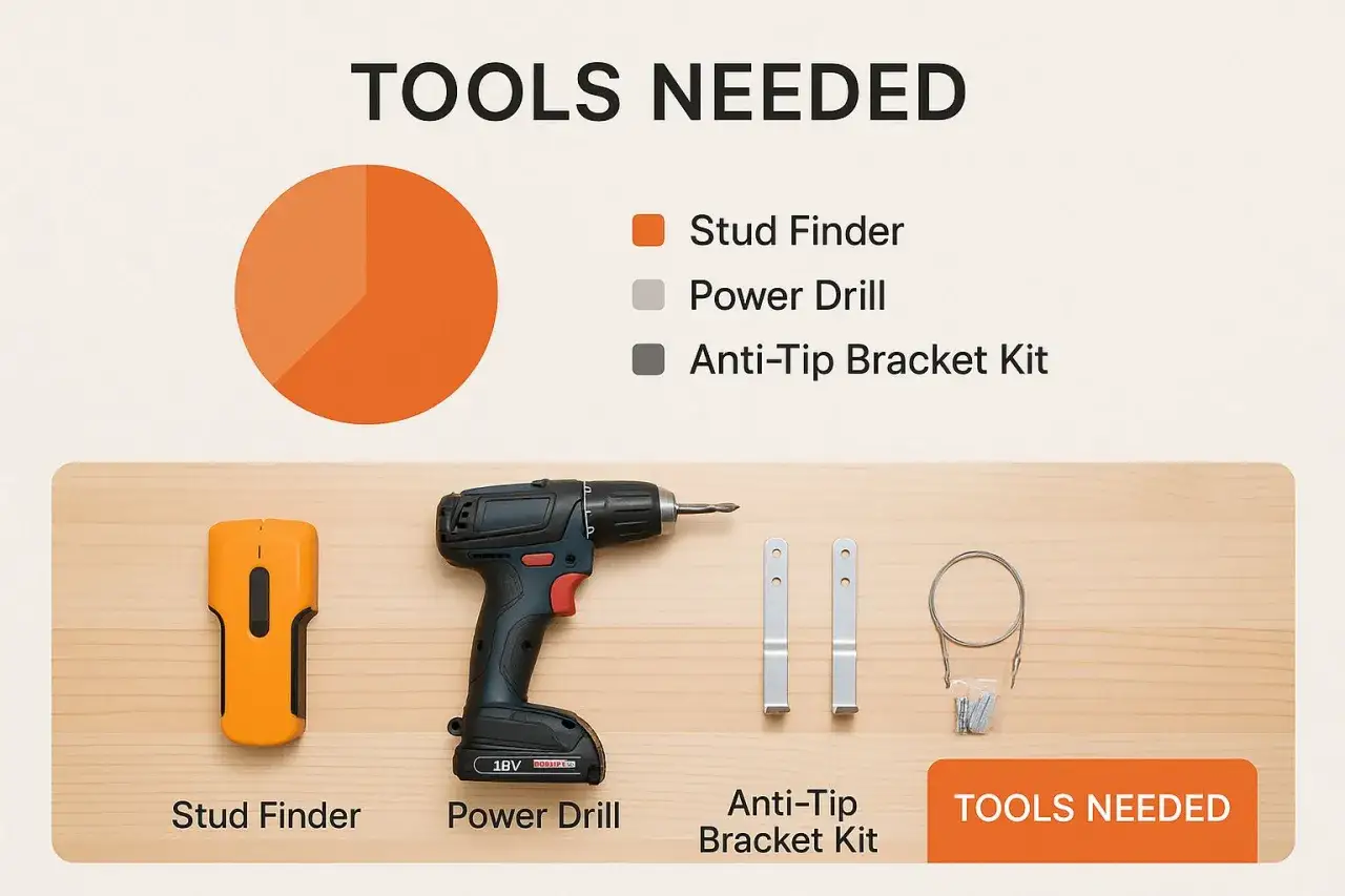 Outils pour comment fixer un meuble au mur : détecteur de montants, perceuse, kit anti-basculement.