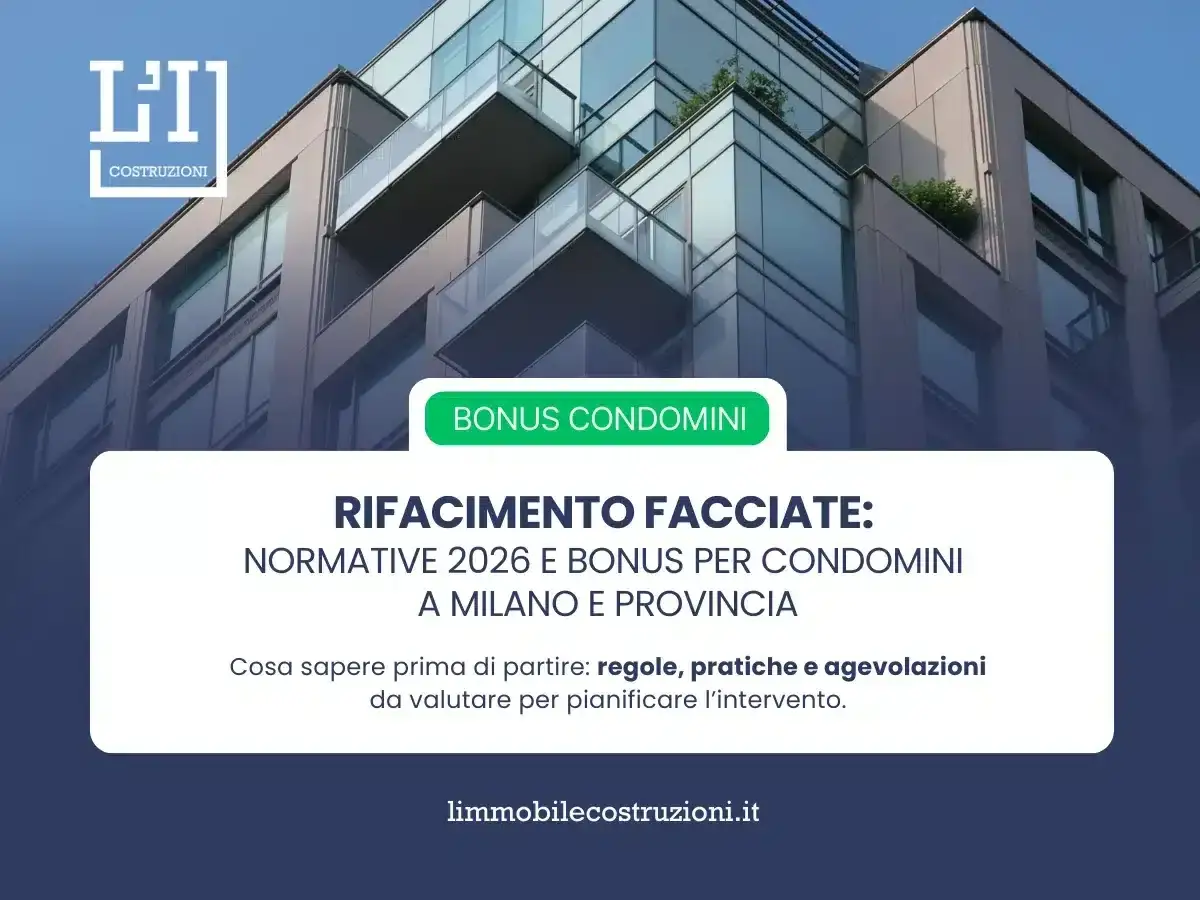 Moderno condominio residenziale con testo su rifacimento facciate e bonus per condomini a Milano.