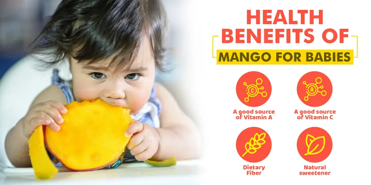 Małe dziecko z radością gryzie soczyste mango. Zdjęcie podkreśla korzyści zdrowotne mango dla niemowlaka: witaminy A i C, błonnik i naturalna słodycz.