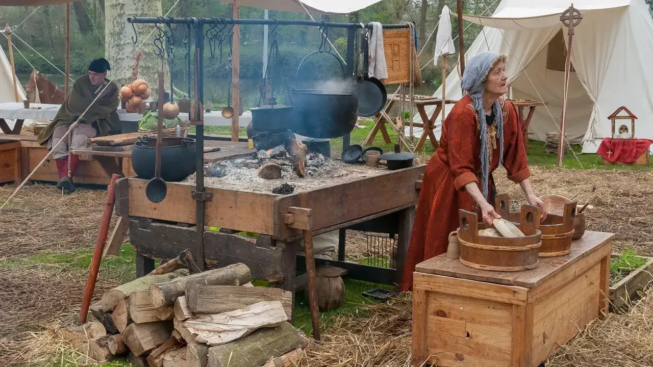 Szene mit **Bauern im Mittelalter**: Eine Frau in historischer Kleidung sortiert Brot in Holzbottichen, während im Hintergrund ein Mann am Feuer sitzt.