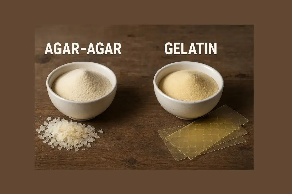 Zwei Schalen mit Pulver: links Agar-Agar, rechts Gelatine. Daneben liegen Agar-Agar-Flocken und Gelatineblätter.