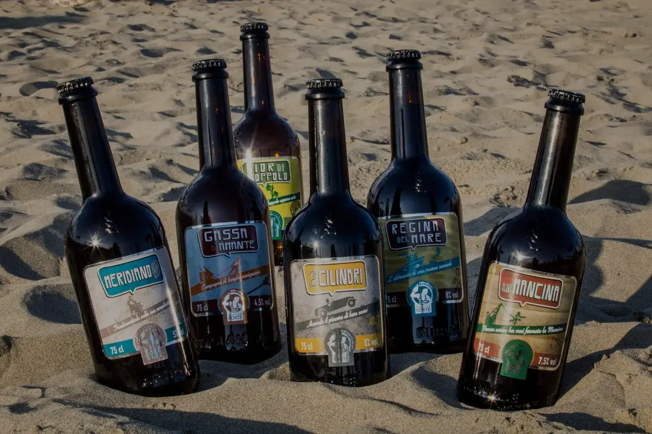 Sei bottiglie di birra del birrificio del forte sulla sabbia. Etichette colorate con nomi come 