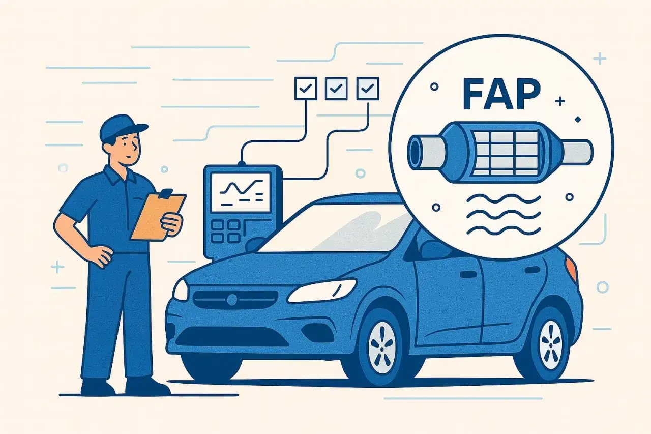 Contrôle technique : un mécanicien vérifie le FAP d'une voiture bleue avec un appareil de diagnostic.