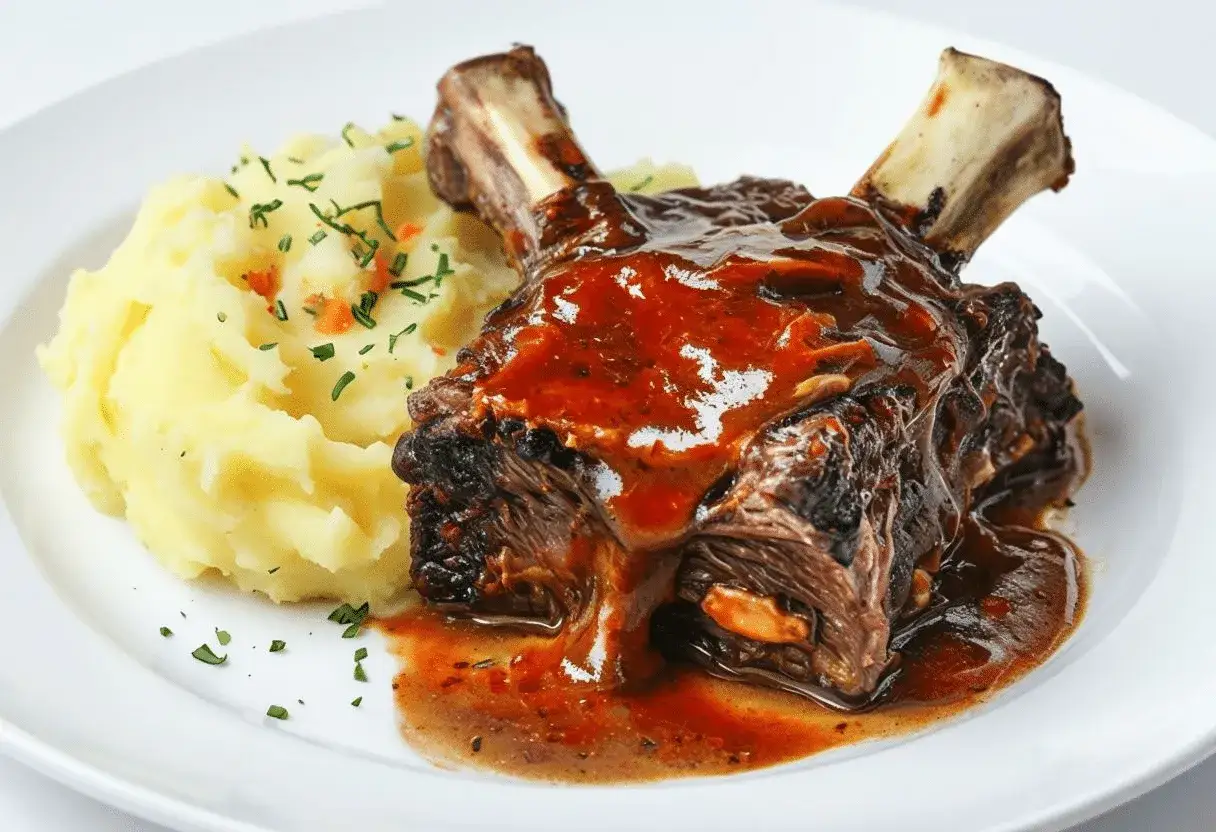 Costilla de ternera al horno, jugosa y cubierta de salsa, servida con puré de patatas cremoso y espolvoreado con perejil.