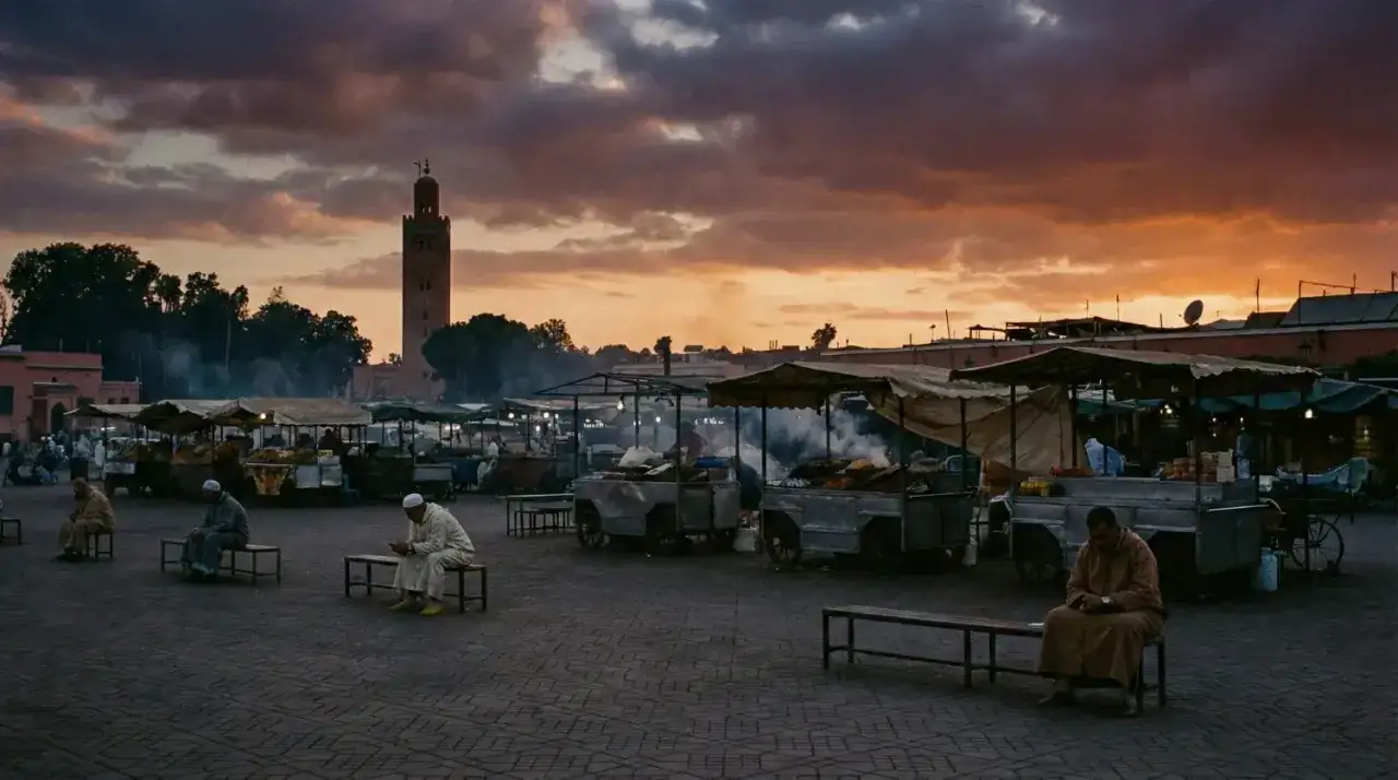 Abendstimmung auf dem Djemaa el-Fna in Marrakesch. Die Gark&uuml;chen dampfen, w&auml;hrend M&auml;nner auf B&auml;nken sitzen. Die Frage 