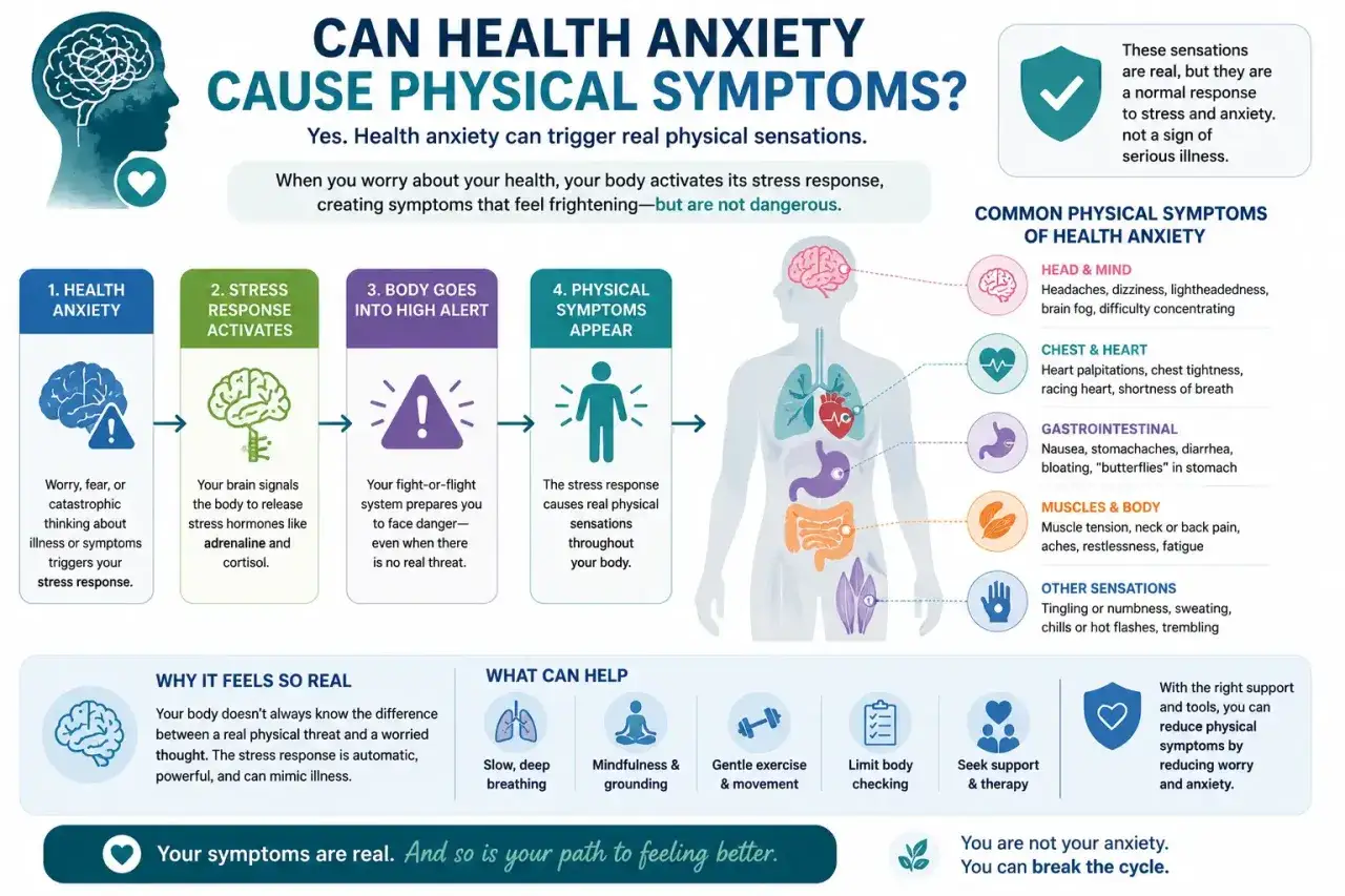 Hälsångest kan orsaka fysiska symptom som illamående, yrsel och hjärtklappning. Kroppen reagerar på stress.