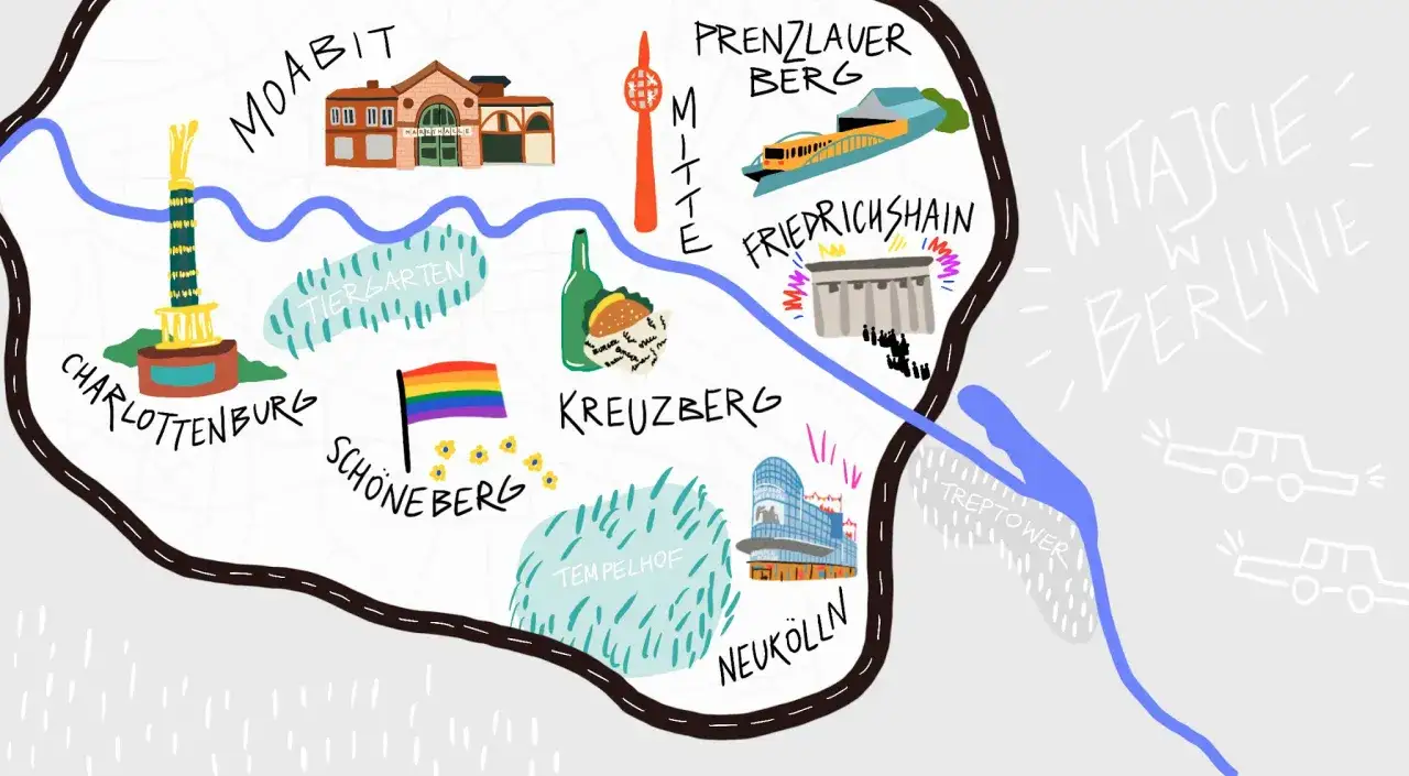 Mapa Berlina z zaznaczonymi dzielnicami i atrakcjami. Szukasz noclegów u Polaków w Berlinie? Ta mapa pomoże Ci zaplanować pobyt!