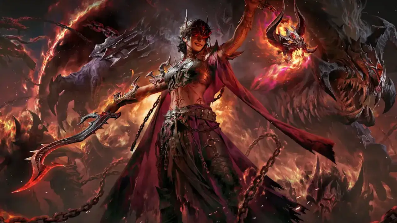 Diablo Immortal aktualizacja: wojowniczka z płonącym mieczem walczy z demonami w ogniu.