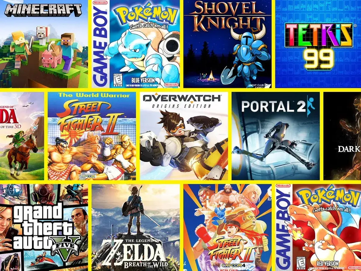 Kolekcja okładek gier: Minecraft, Pokémon, Shovel Knight, Tetris 99, The Legend of Zelda, Street Fighter II, Overwatch, Portal 2, Grand Theft Auto V. Wiele godzin świetnej zabawy i **gra na t**elewizorze!