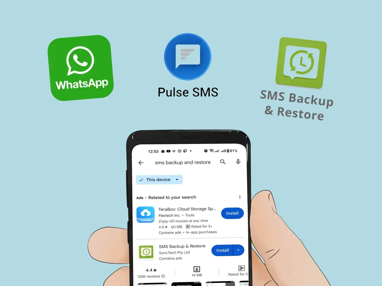 Appar f&ouml;r att hantera arkiverade SMS visas, inklusive WhatsApp, Pulse SMS och SMS Backup & Restore.