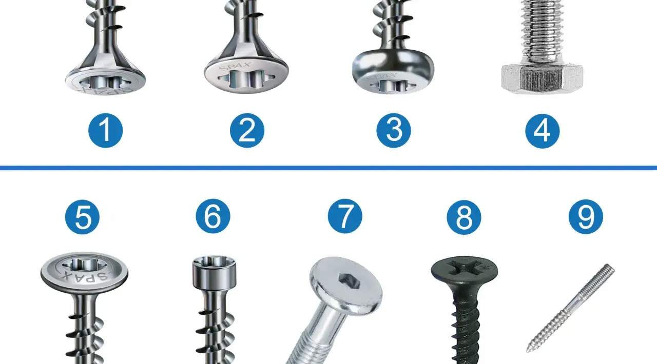 Verschiedene schrauben arten im Detail: von SPAX-Schrauben bis zu Sechskantschrauben.