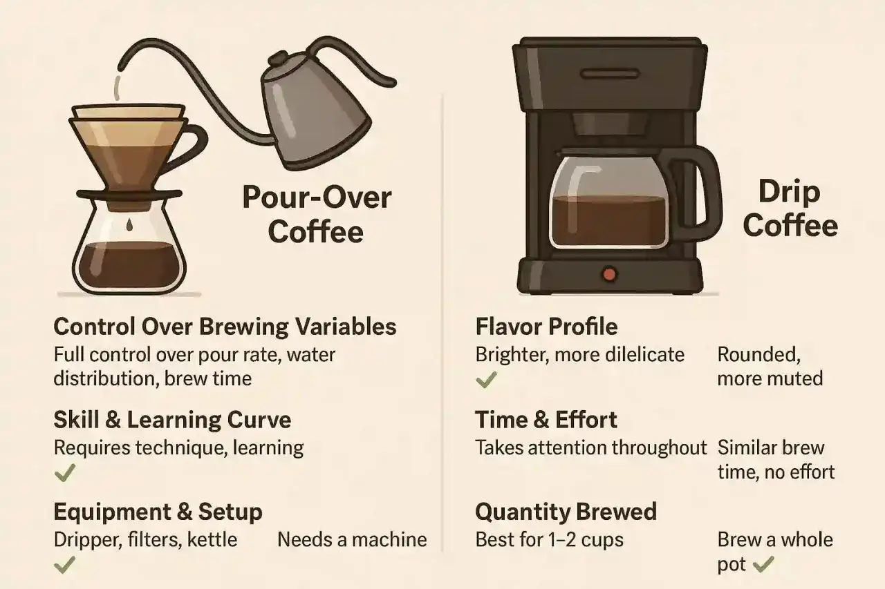 Porównanie: Chemex vs drip. Pour-over daje kontrolę nad zmiennymi, drip jest prostszy. Różne profile smakowe i ilości parzenia.