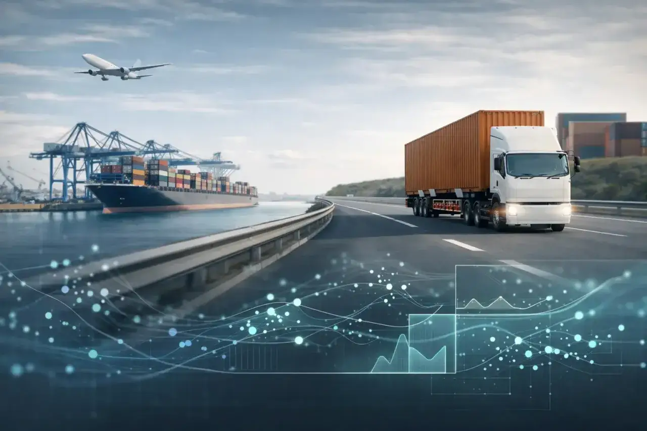 Spedytor zarządza transportem kontenerów statkiem, samolotem i ciężarówką. Wizualizacja danych pokazuje globalny przepływ towarów.