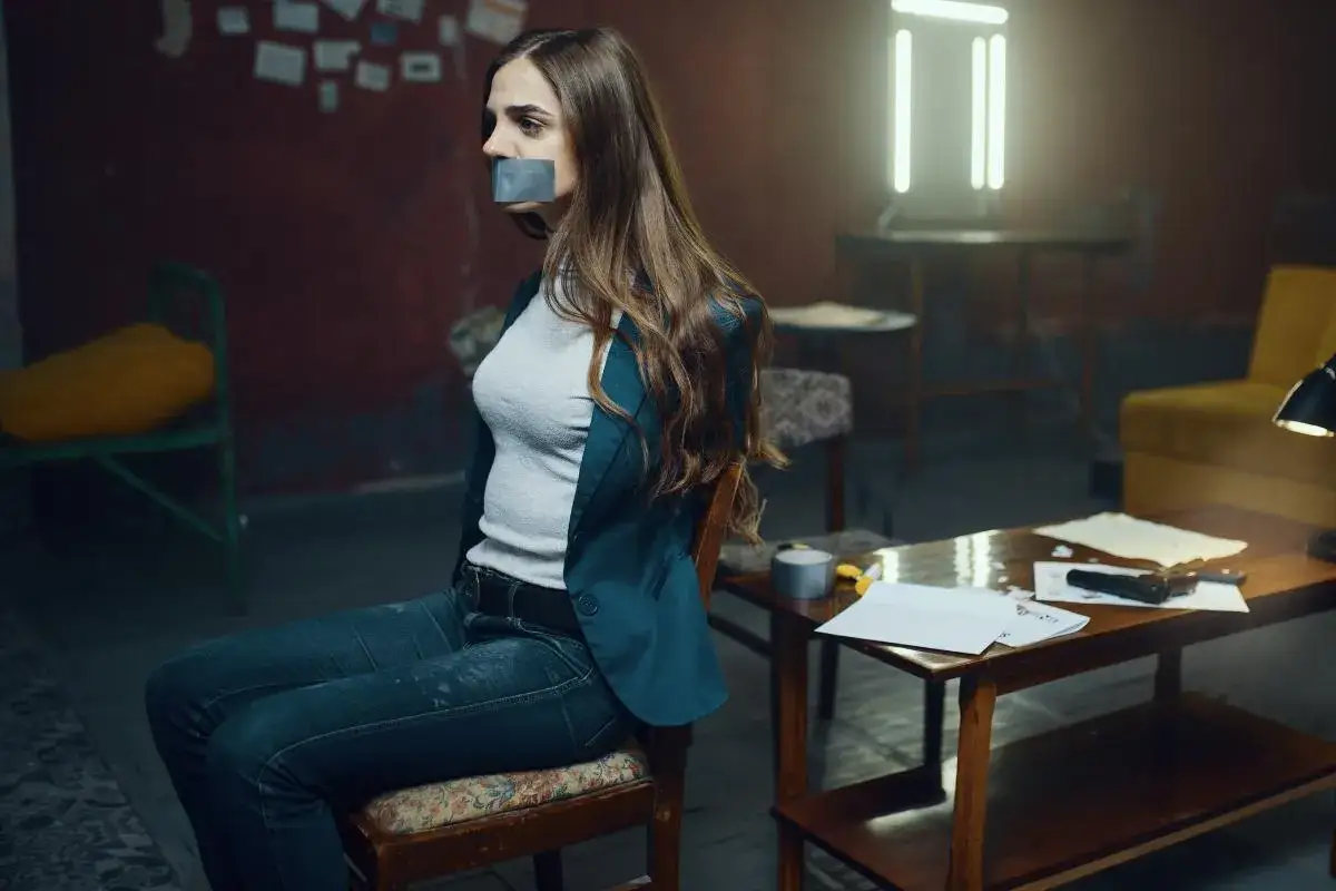Mujer con cinta adhesiva en la boca, sentada en una silla. ¿Qué significa soñar que te secuestran? La escena evoca miedo y desamparo.