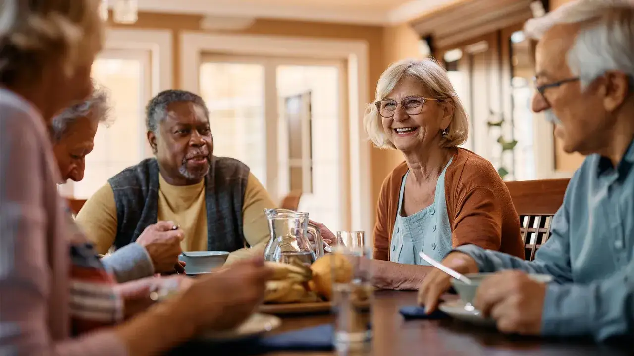 Seniors share a meal, laughter filling the air. A woman beams, her joy a stark contrast to the man in the foreground, lost in thought, perhaps contemplating a sin of omission.