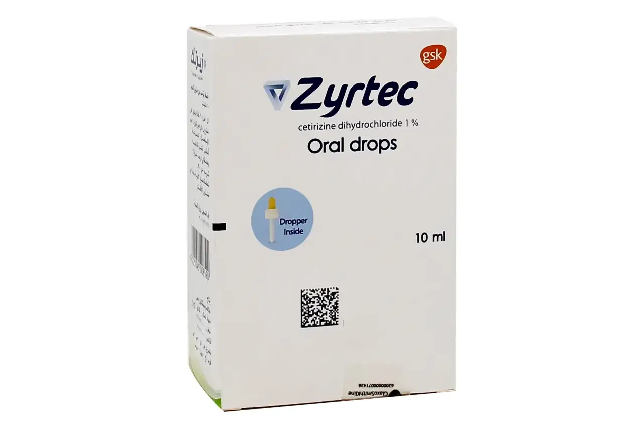 Opakowanie leku Zyrtec krople doustne 10 ml, z pipetką w środku. Idealne na alergie.