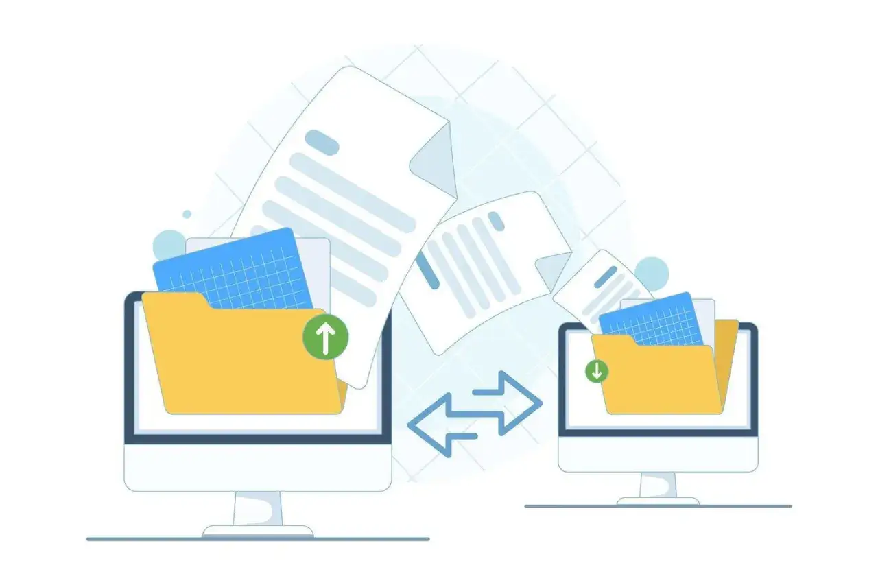 Illustration of files being transferred between two computers, symbolizing the process to transfer Google Photos to OneDrive.