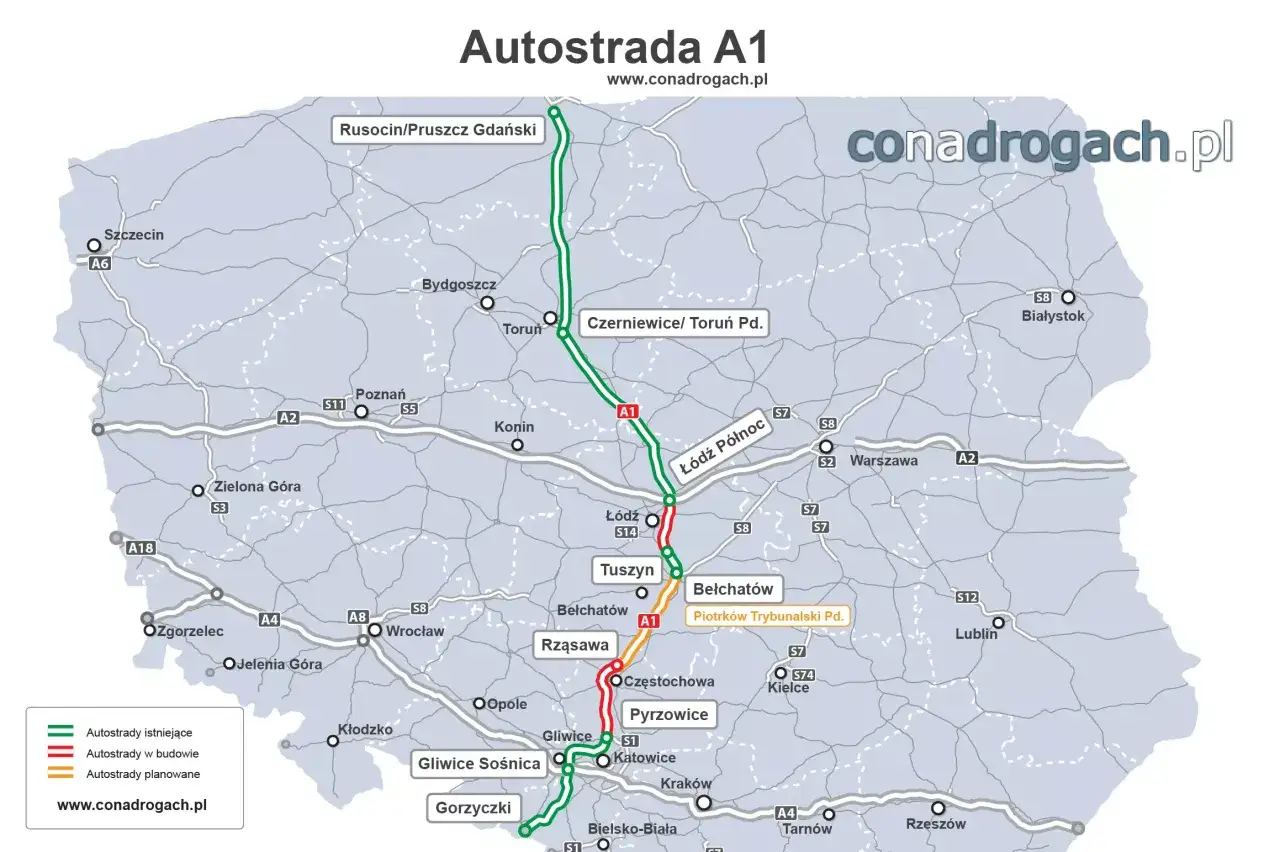 Mapa Polski z zaznaczoną autostradą A1, czyli autostradą bursztynową, łączącą północ z południem kraju.