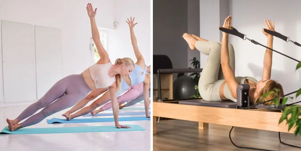 Kobiety ćwiczą pilates: deska boczna na macie i ćwiczenia na reformerze. Dowiedz się, pilates co to jest i jak poprawia sylwetkę.