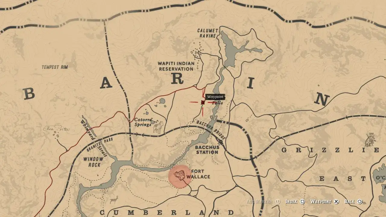 Mapa RDR2 z zaznaczonymi misjami. Droga prowadzi przez Wapiti Indian Reservation, obok Bacchus Bridge i Fort Wallace.