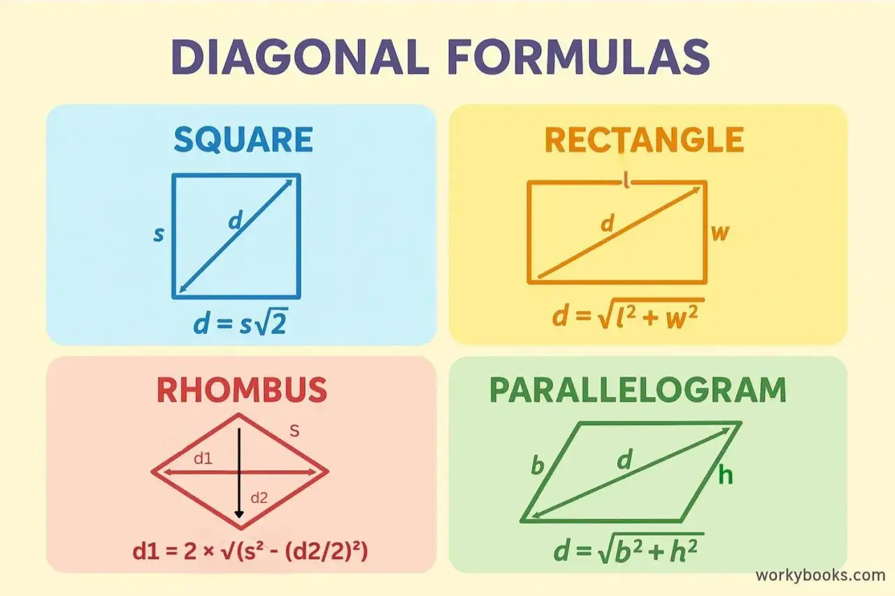 Fórmulas para calcular la longitud de un lado que es diagonal en cuadrados, rectángulos, rombos y paralelogramos.
