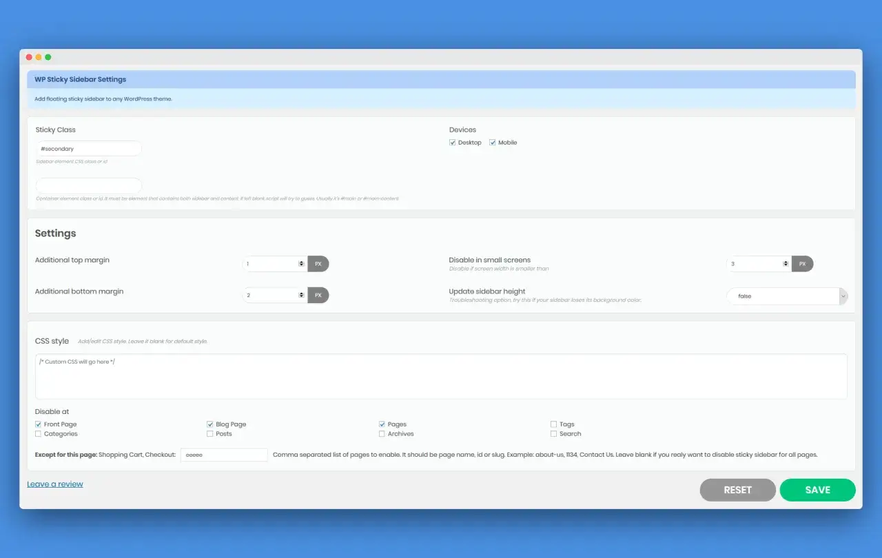 Param&egrave;tres de la colonne lat&eacute;rale WordPress. Configurez la classe, les marges, le style CSS et les pages o&ugrave; la colonne lat&eacute;rale doit &ecirc;tre active.