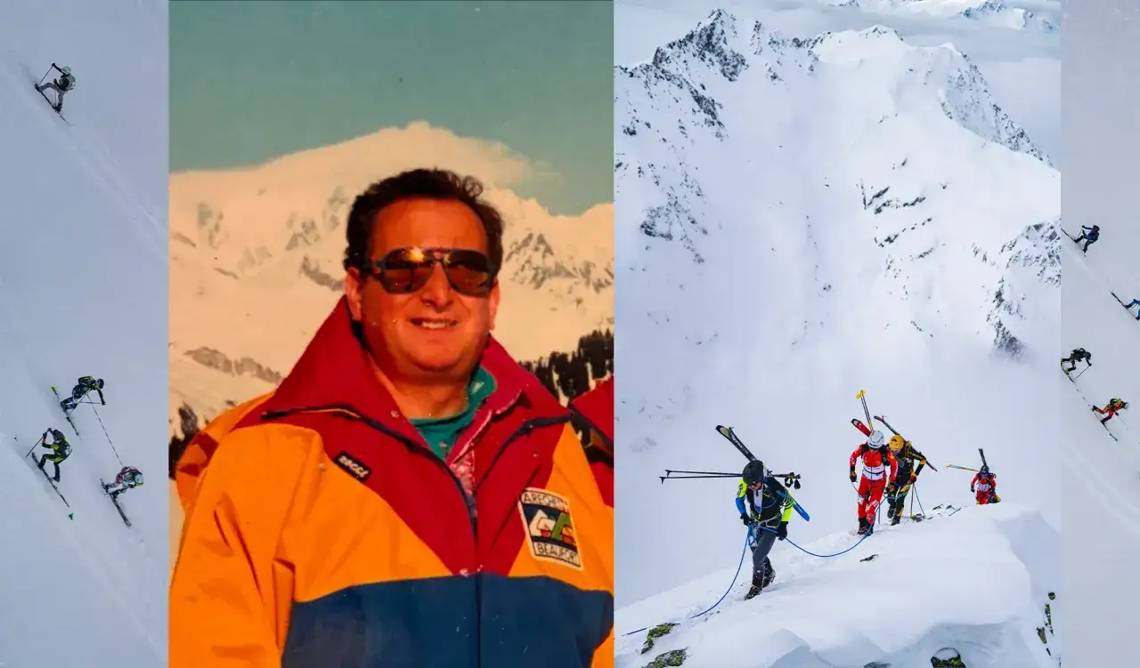 Portrait d'un guy blanc souriant en veste de ski colorée, juxtaposé à des skieurs en action sur des pentes enneigées.