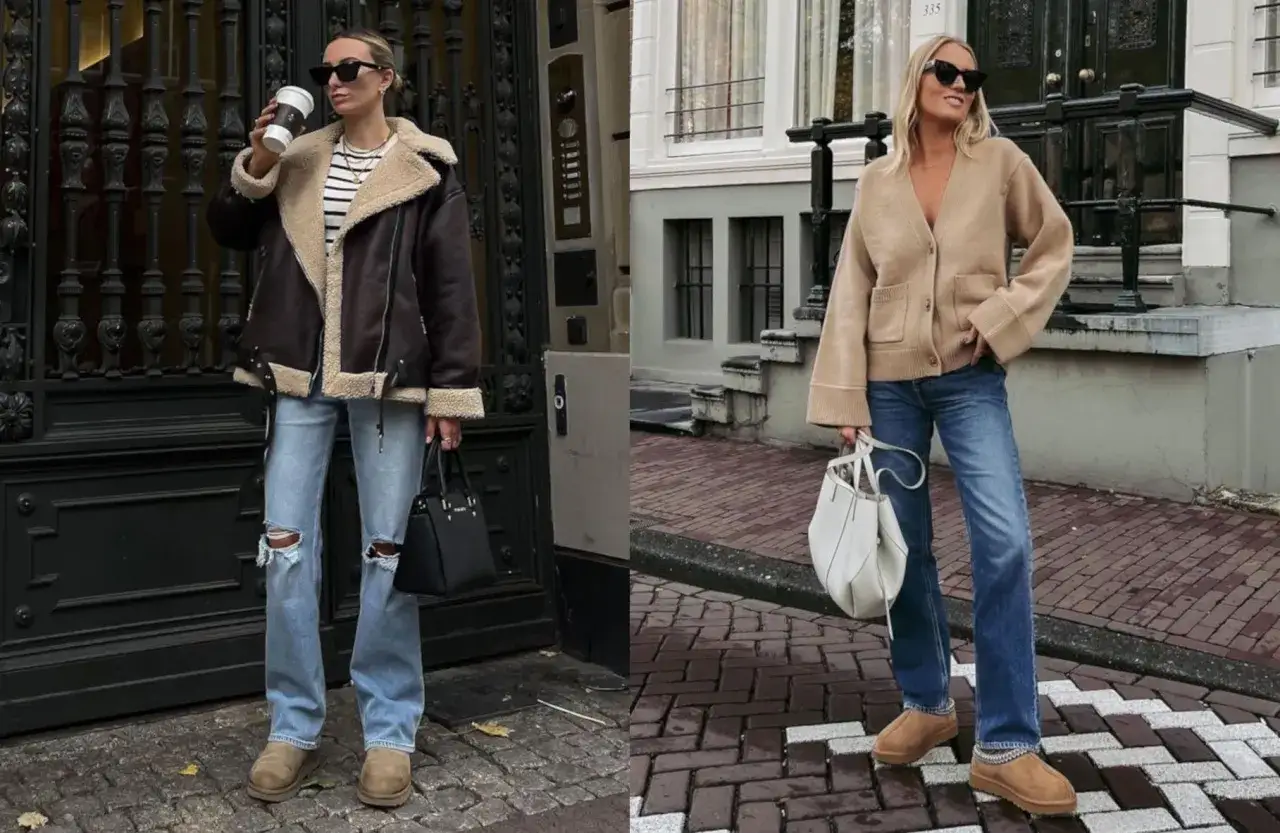 Deux looks urbains : veste aviateur et jean déchiré, ou cardigan beige et jean droit. Idées pour comment s'habiller avec des ugg pour un style décontracté.