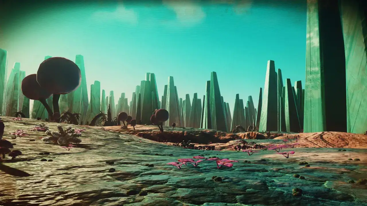 Obca planeta z krystalicznymi formacjami i dziwną florą. Inspiracja, jak stworzyć unikalną florę i faunę dla obcej planety w sci-fi.